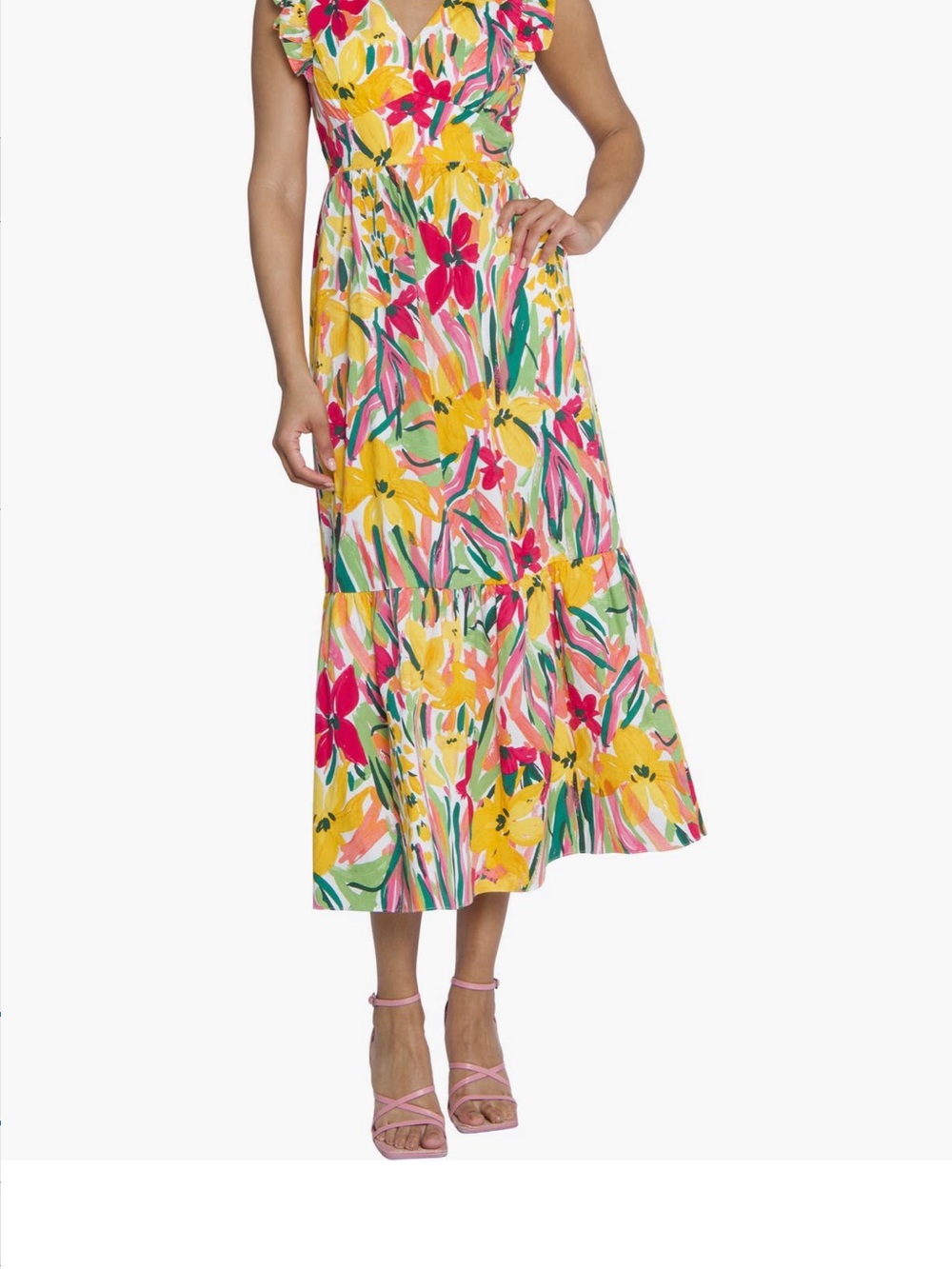 Maggy London Ruffle Yellow, Pink and Green Floral Midi Skirt